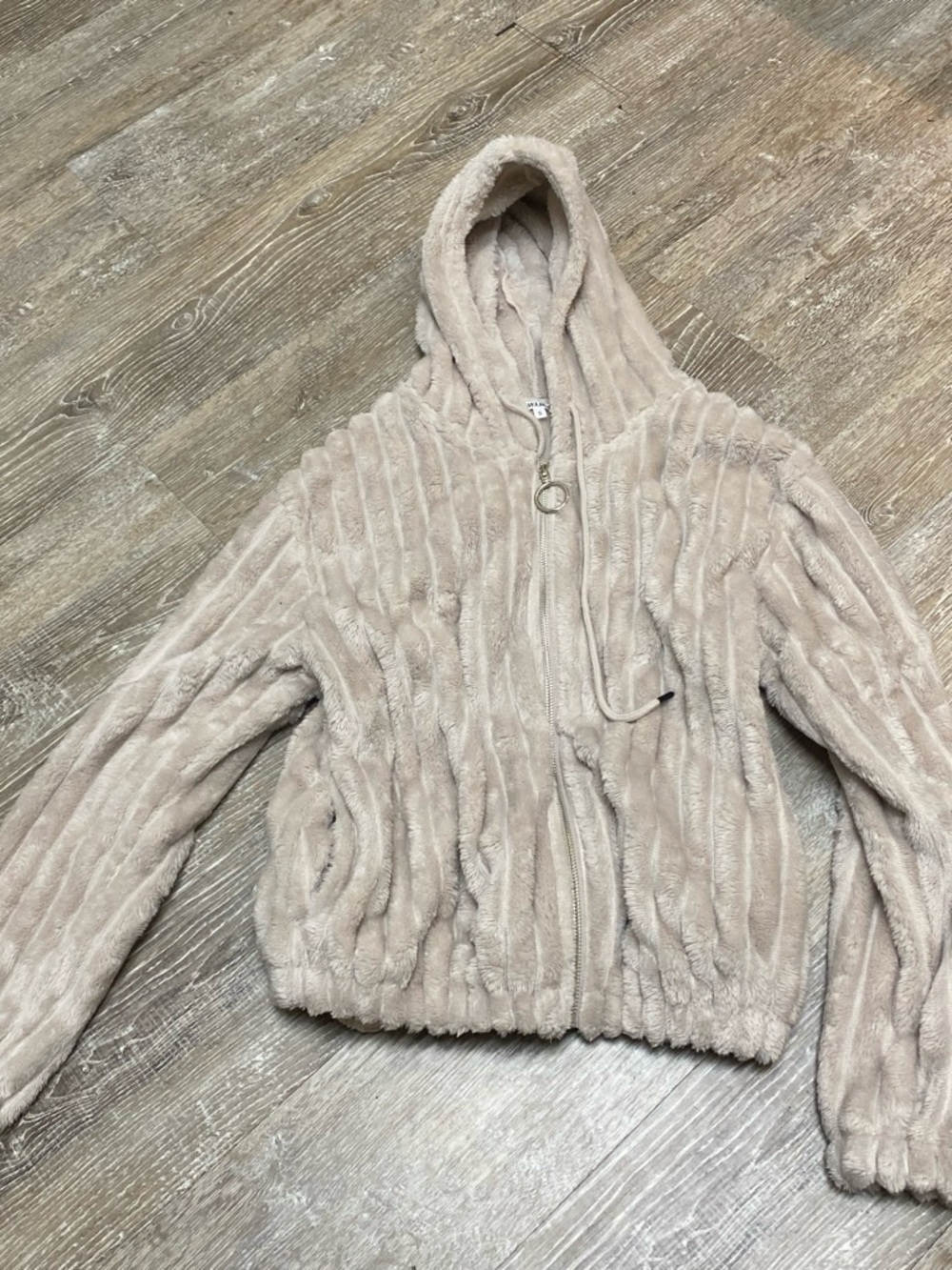 Plush Hooded Teddy Jacket in Light Beige - Picture 1 of 4